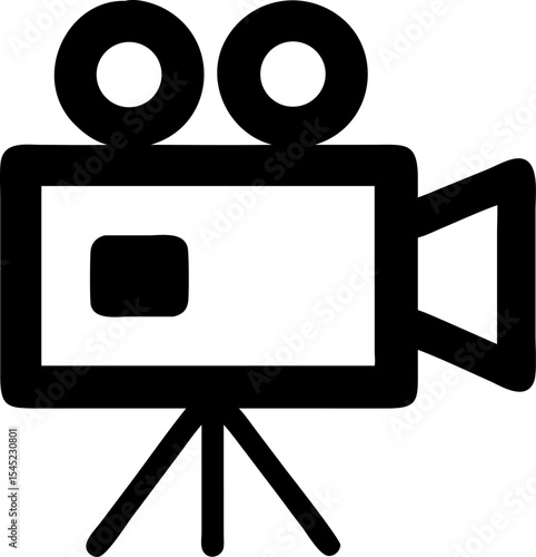 Simple black and white vector illustration depicting a classic video camera on a tripod for media and content