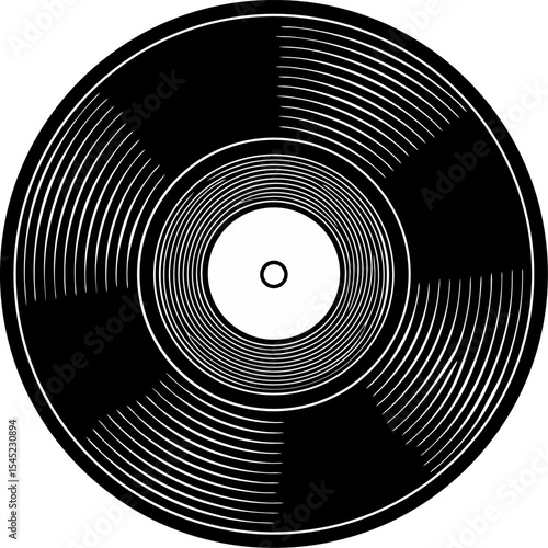 Vector illustration of a classic black and white vinyl record with detailed grooves and circular design