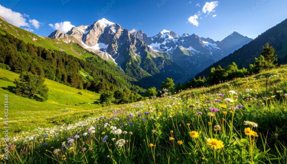 Fototapeta premium Vibrant wildflowers dot a lush valley beneath towering snow-capped mountains on a clear, sunny day.