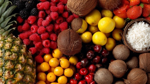Fototapeta Naklejka Na Ścianę i Meble -  Colorful fresh tropical fruits flat lay on wooden surface with top view healthy composition