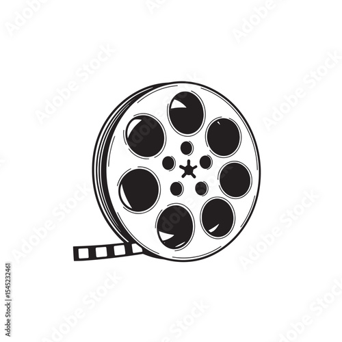 Vector illustration of a black and white vintage art silhouette film reel on white