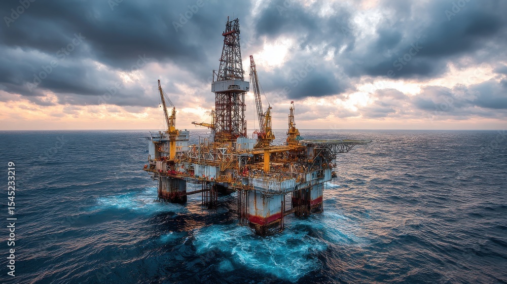 Obraz premium Offshore Oil Drilling Platform Stands Tall in the Ocean Against a Cloudy Sky.