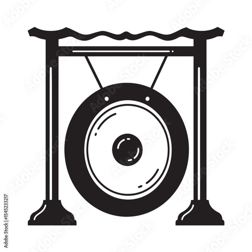 Vintage art silhouette illustration of a large asian gong in a black and white style