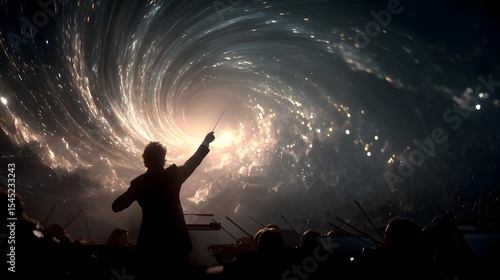 Classical music conductor directing soundwave projectiles on an abstract battlefield