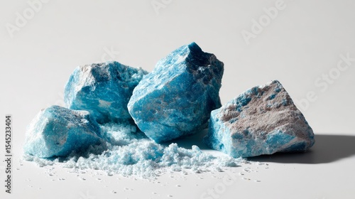 Blue chalk rocks broken into pieces on white background for pigment minerals raw material visuals