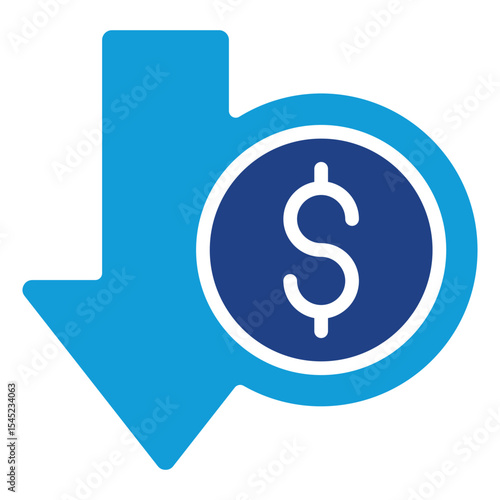 Cost Reduction - Dual Tone Blue Glyph Icon - Downward arrow with dollar symbolizes reducing operational costs or expenses