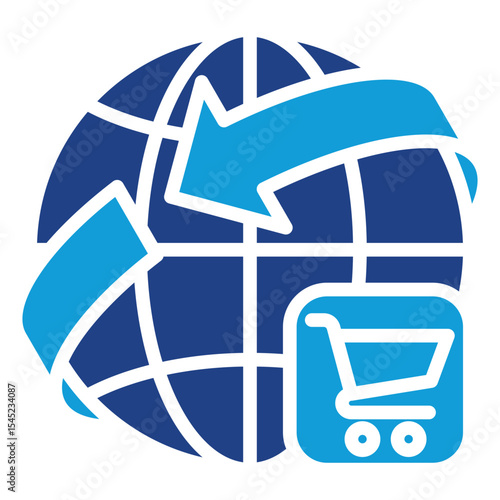 Global Commerce - Dual Tone Blue Glyph Icon - globe with a shopping cart and wrapped bands, symbolizing global business expansion