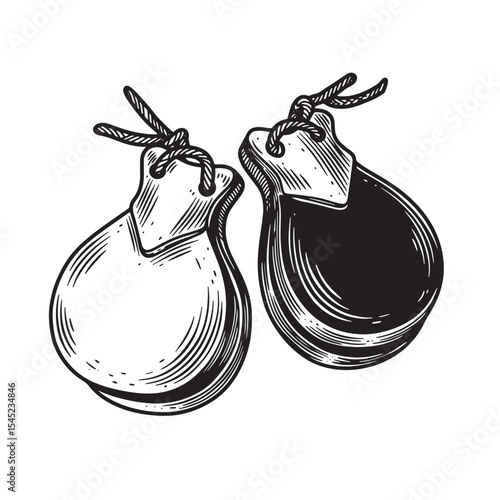 Vintage hand drawn art silhouette of spanish castanets isolated on white background