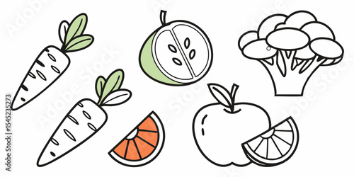 Fresh healthy fruit and vegetable vector illustration set
