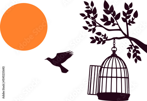 Soaring Freedom: A bird escapes from a cage as it finds the freedom of flight towards a brilliant sunrise, symbolizes the journey of liberation