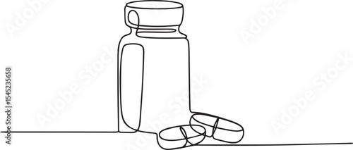  continuous line drawing of a medicine pill bottle with two pills on a horizontal line