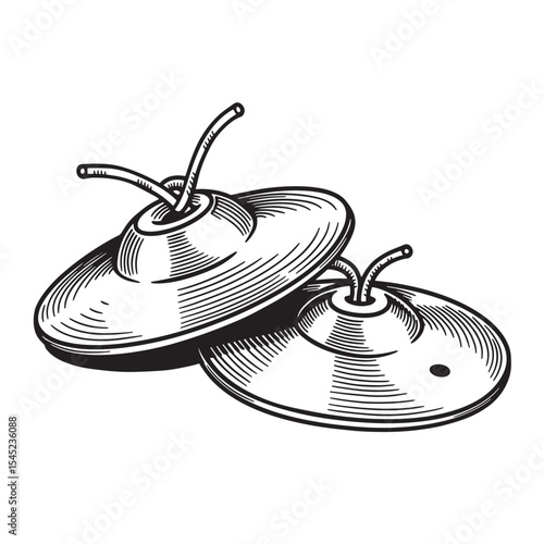 Vintage silhouette illustration of two musical percussion cymbals for creative designs and projects