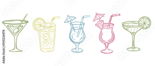 Color Cocktails alcoholic martini, aperol spritz in ink doodle style. Hand drawn drinks collection. Italian style wedding dinner icons. Aperitif Drink Collection. Doodle Style