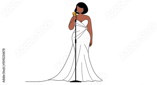 Elegant female singer in white gown performing on stage with vintage microphone