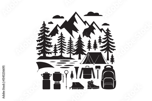 Camping Adventure Silhouette Vector Set with Mountains, Tent, Trees, and Hiking Gear