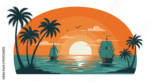 Tropical sunset with sailing ships and palm trees for summer beach design