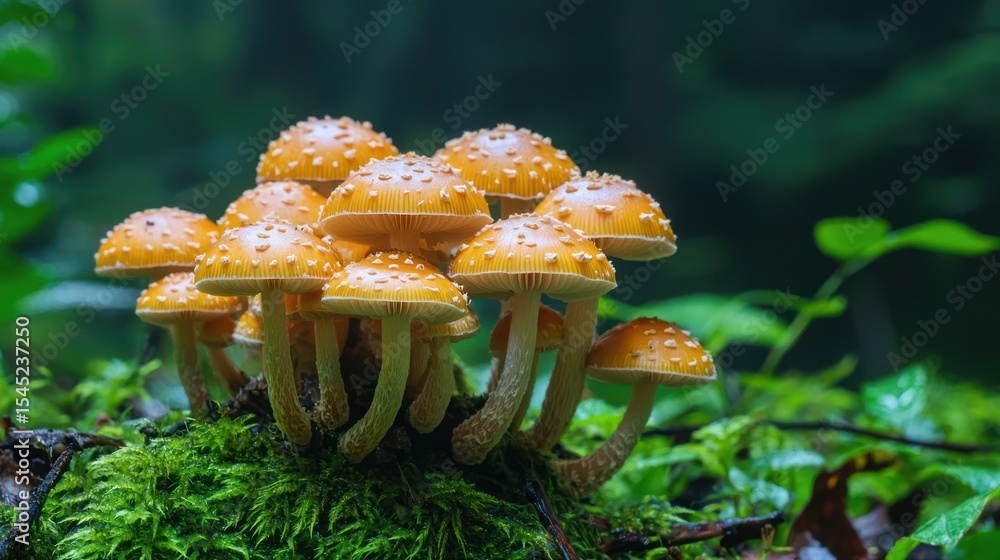 A cluster of mushrooms with a golden hue, surrounded by green moss and a blurred background, creating a natural setting. A cluster of mushrooms with a golden hue, surrounded by green moss and a blurred background, creating a natural setting.