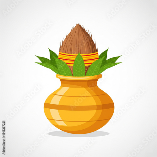 flat illustration of kalash with coconut and mango leaves on white background