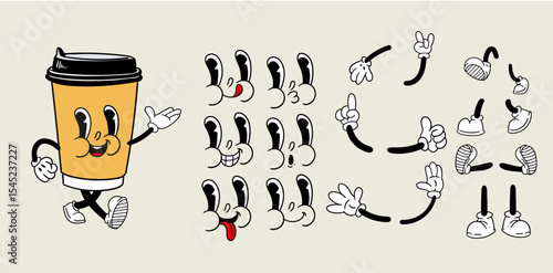 Retro vintage set of cartoon coffee character design elements. Character eyes, hands, and feet. In vector format. Illustrations of glasses with drinks for posters, cards, cafe menus, and graphic desig