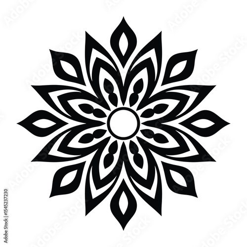 Black and White Abstract Floral Mandala Design Symmetrical Pattern Ornament Decorative Element
