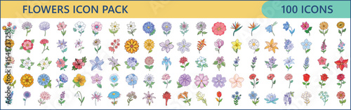 Collection of One Hundred Floral Icons, Vector Illustration of Diverse Flowers