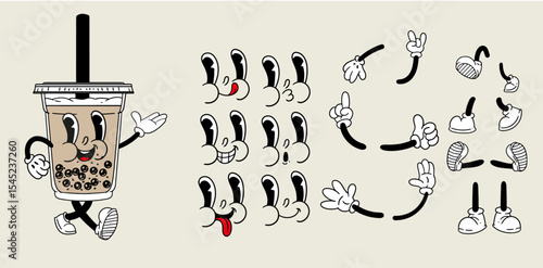 Retro vintage set of boba tea character design elements, cartoon bubble tea. Character eyes, hands, and feet. In vector. Illustrations of glasses with drinks for posters, cards, cafe menus