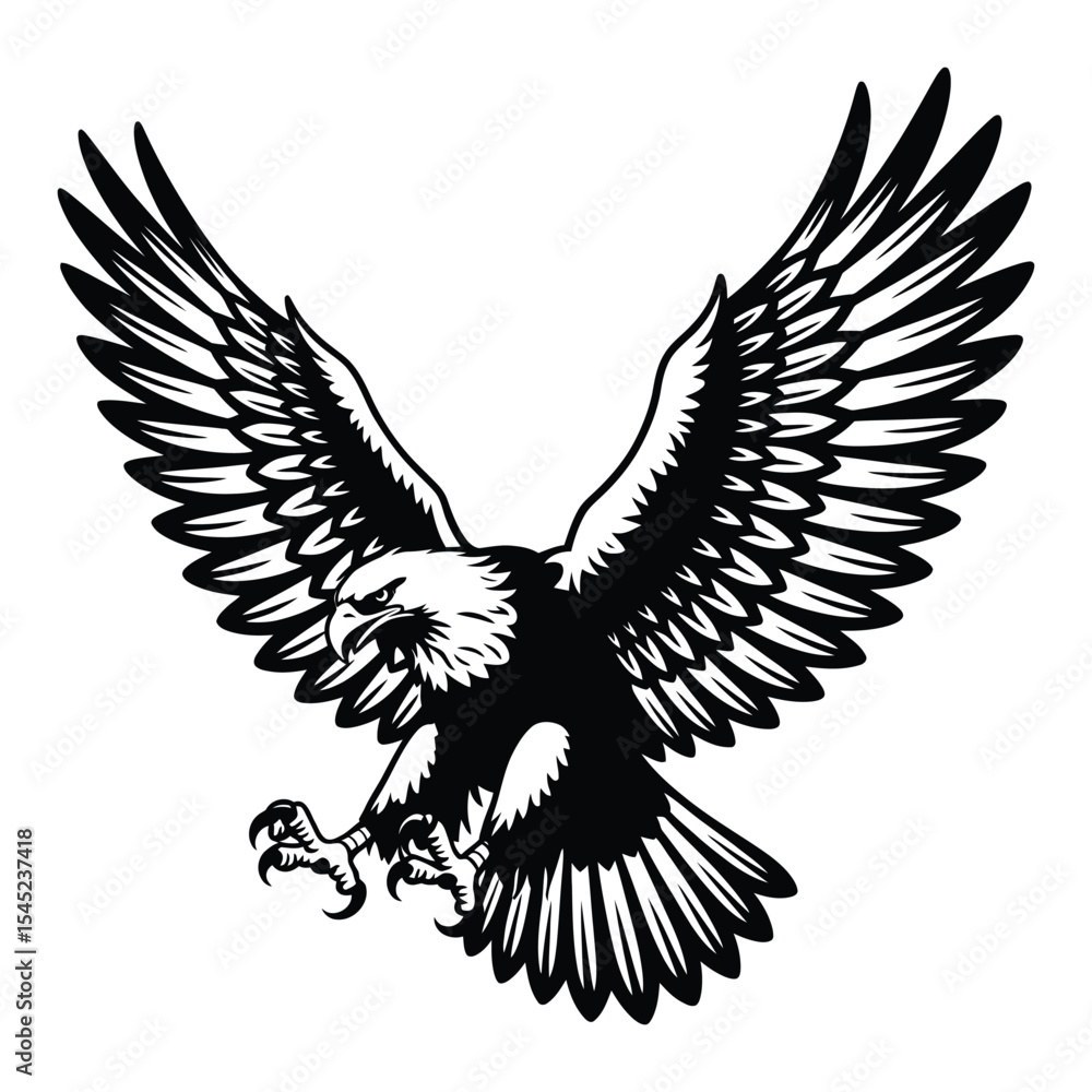 Fototapeta premium Black and White Eagle Illustration Wings Spread Talons Extended Bird of Prey Vector Graphic