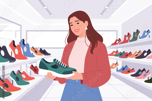 Woman Choosing Sneakers in Shoe Store A Flat Vector Illustration