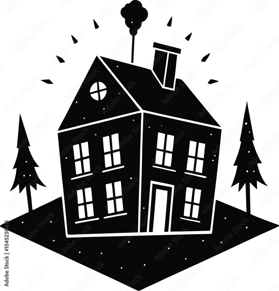 Fototapeta premium Remote work vector silhouette illustration House as Headquarters Morphing into Office Space