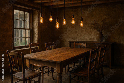 A light bulb illuminates a wooden table with chairs below.