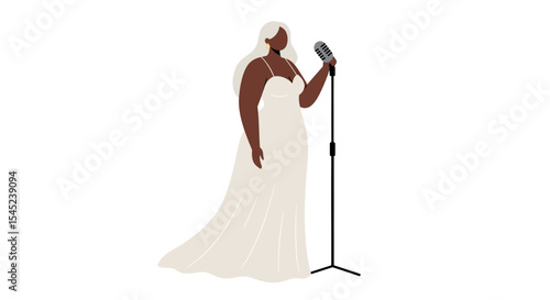 Elegant female singer in white dress performing with vintage microphone