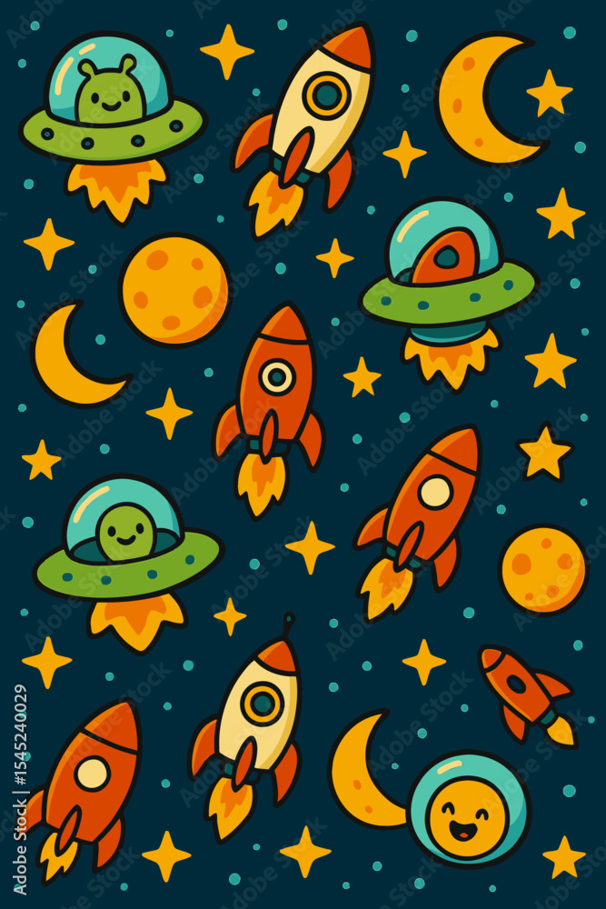 Funny alien, monster, ufo, planets and stars colorful doodle cartoon seamless pattern. Pattern swatch ready in vector color swatch panel. Can be used for interior wallpaper, wrapping paper, poster, wa Funny alien, monster, ufo, planets and stars colorful doodle cartoon seamless pattern. Pattern swatch ready in vector color swatch panel. Can be used for interior wallpaper, wrapping paper, poster, wa