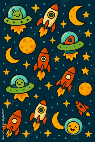 Funny alien, monster, ufo, planets and stars colorful doodle cartoon seamless pattern. Pattern swatch ready in vector color swatch panel. Can be used for interior wallpaper, wrapping paper, poster, wa