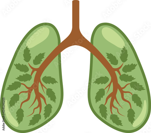 Living Lungs: Conceptual Illustration of human lungs replaced by leaves and branches, symbolizing nature's breath. Reflecting ecological consciousness, green health, and environmental harmony.
