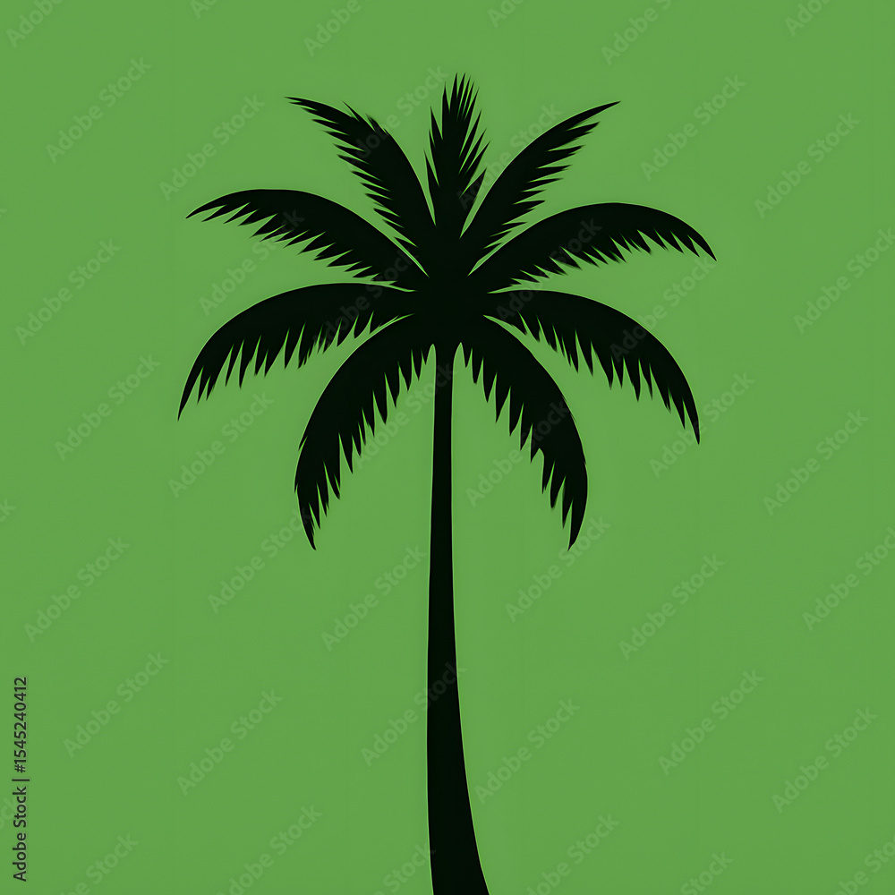 Obraz premium Silhouette of a banana tree with broad leaves on a vibrant green background.