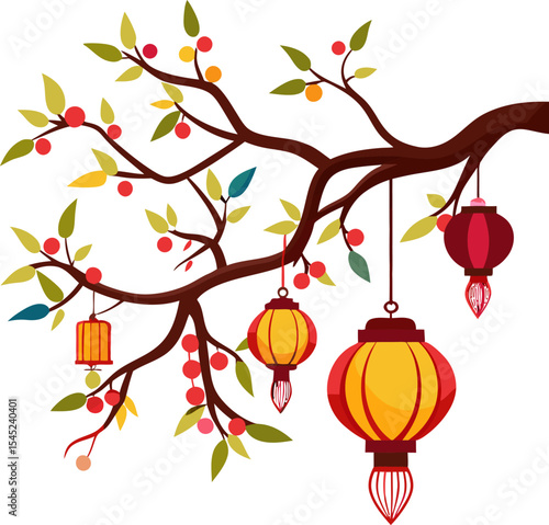 Festive Lanterns on Branch: A vibrant and festive display of colorful lanterns adorns a delicate tree branch. The image captures the spirit of celebration, tradition, and cultural heritage.