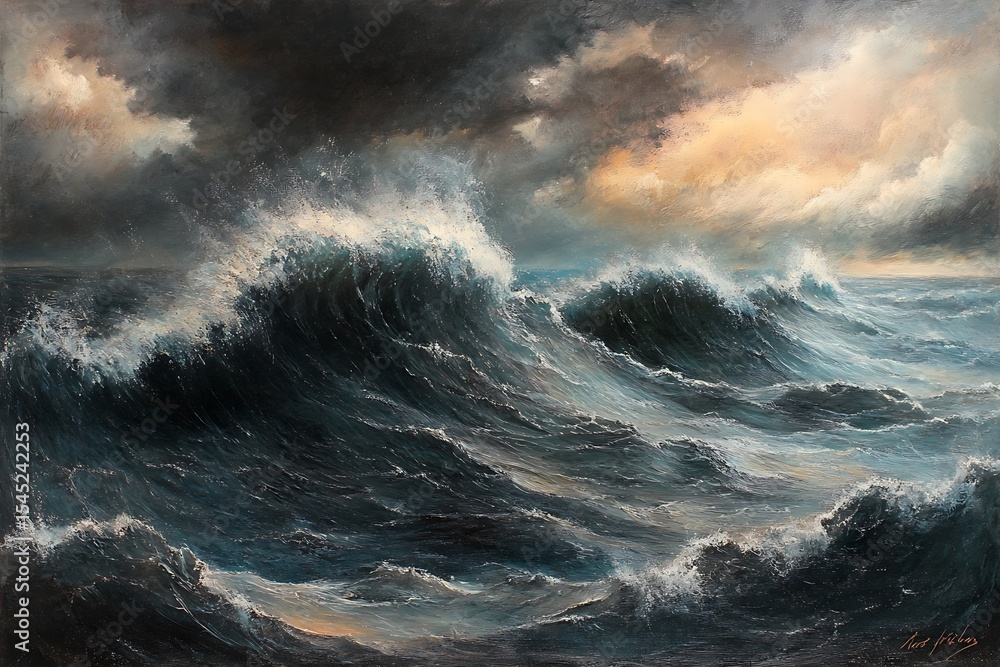 Fototapeta premium A dramatic painting captures the powerful sea with turbulent waves under a cloudy sky
