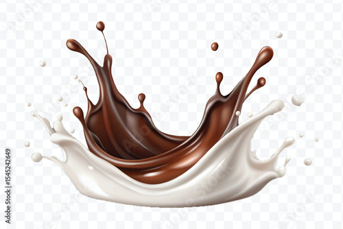 abstract 3d smooth liquid chocolate with white milk splash in crown style isolated on transparent background	
