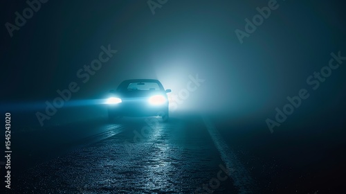 The car is driving through a dark and foggy night. The only light comes from the car's headlights, which are illuminating the road ahead.