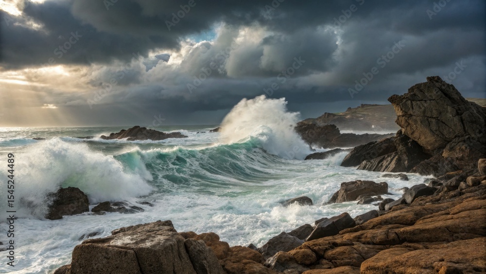Obraz premium Ocean waves crashing against rocky shore under dark stormy sky 