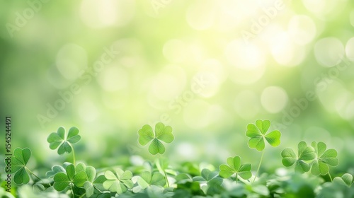Clovers on a bright green background, lit by a bright, soft sun with light bokeh