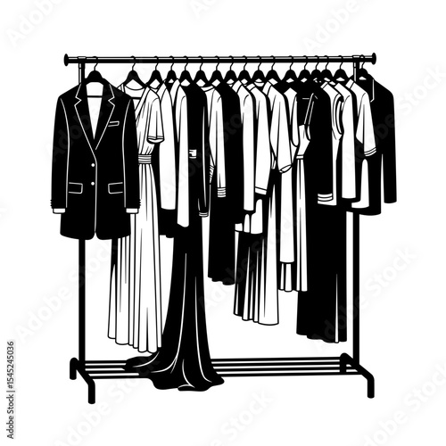 Clothing rack displaying various garments in black and white design  