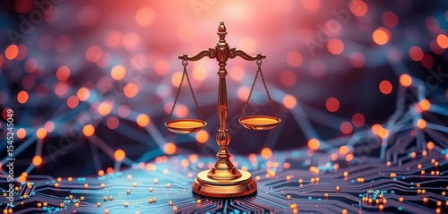 Abstract network nodes forming scales of justice with digital circuit board texture,  legal tech,  smart contract
