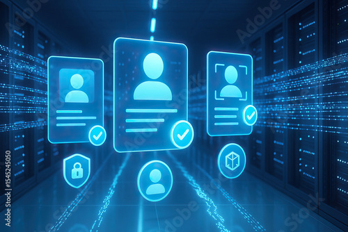 Digital identity verification, data security, and user authentication concept in modern server room, featuring glowing blue holographic user profiles and secure technology icons