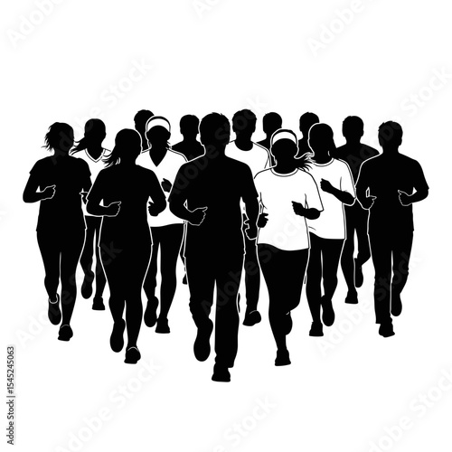 Group of runners jogging together in silhouette on white background  