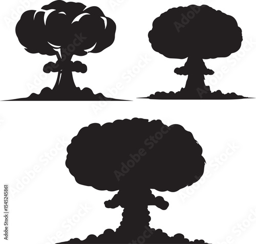 Silhouettes of Mushroom Clouds from Nuclear Explosions, Representing Atomic Warfare, Destruction, and the Power of Nuclear Weapons in Conflict