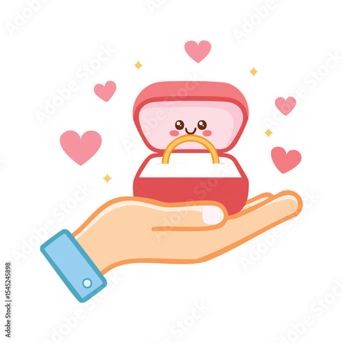 A cartoon image of a hand holding a ring box with a ring inside, surrounded by floating hearts, symbolizing love and commitment.
