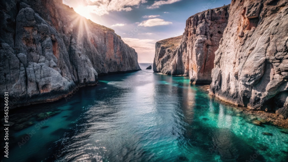 Naklejka premium Serene coastal canyon with turquoise water and rocky cliffs 