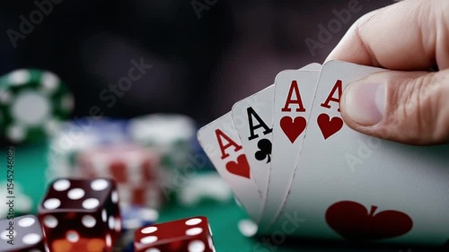 Close-up of a hand holding four aces in a poker game with dice and chips on a green felt table