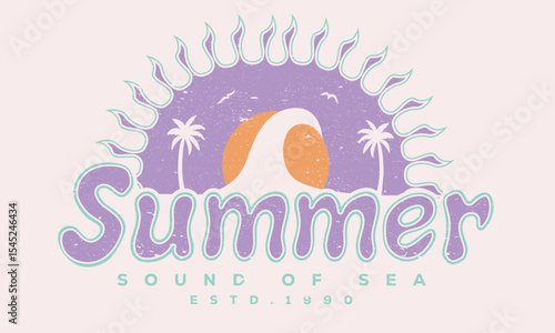 Summer good vibes vector graphic design for apparel, stickers, posters, background and others. Palm tree. Wave with mountain. Sunshine paradise artwork. Abstract wave artwork.